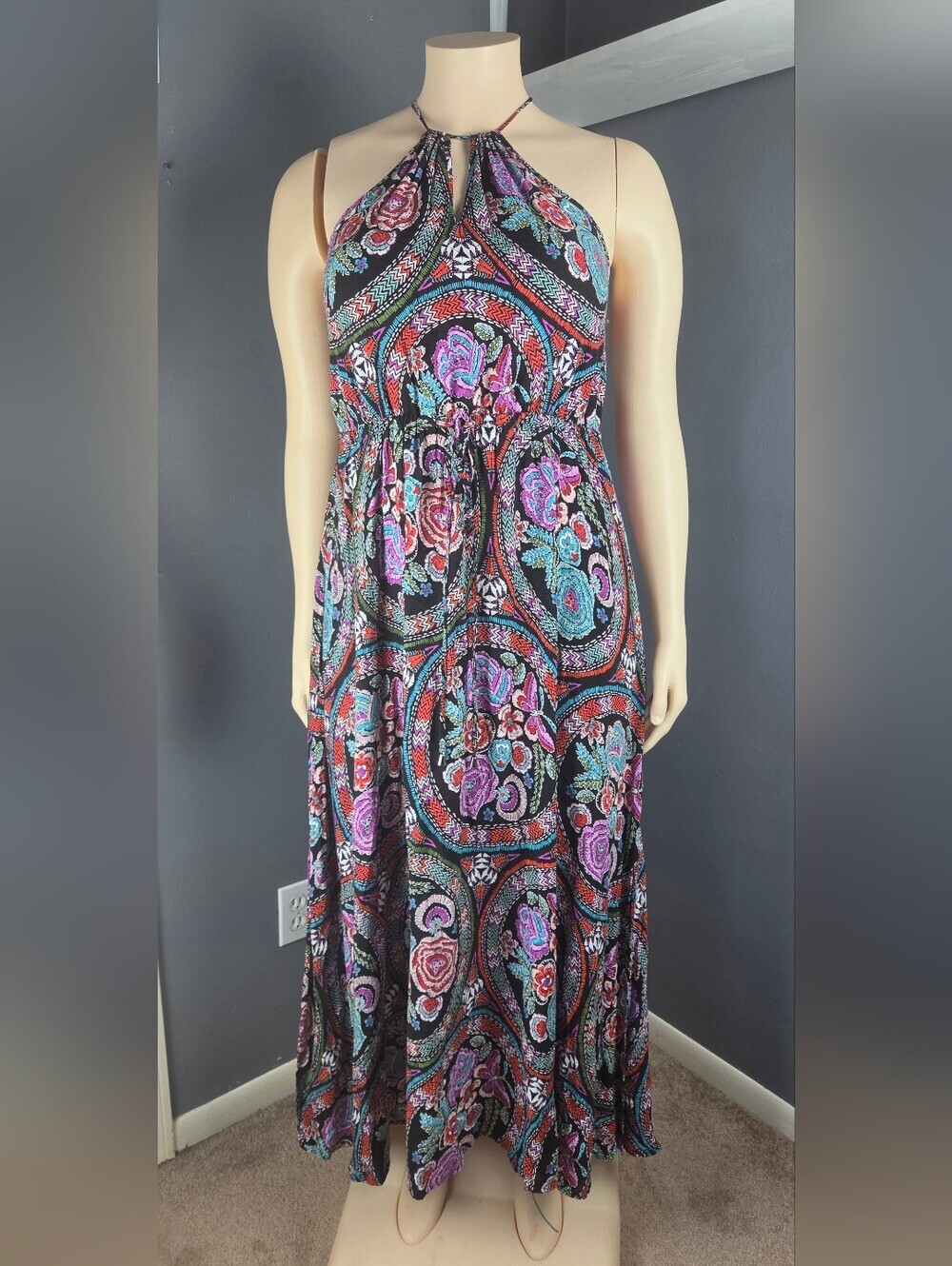 Floral Paisley Halter Maxi Dress - Black & Multicolor